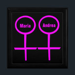 Lesbian Lovers Customizable Gift Box<br><div class="desc">This awesome gift box is designed for lesbians. It features two pink female symbols standing side by side. The background is black and there is customizable pink text inside each of the symbols to put names.</div>