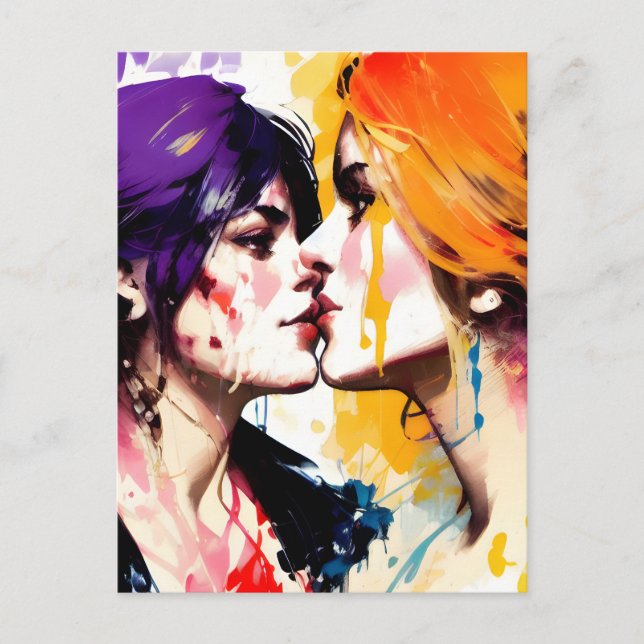 Lesbian Lovers Kiss Colorful Paint Splatters Postcard (Front)