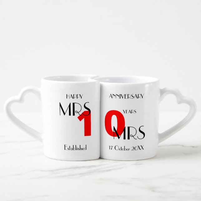 Lesbian Mrs+Mrs Anniversary 10 Years Personalized Coffee Mug Set (Back Nesting)