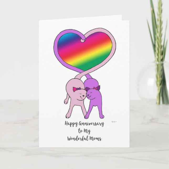 Lesbian My Moms Parents Anniversary Rainbow Cats Card (Front)
