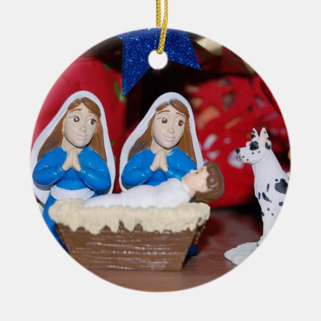 Lesbian Nativity: Love Makes a Holy Family Ceramic Ornament (Front)