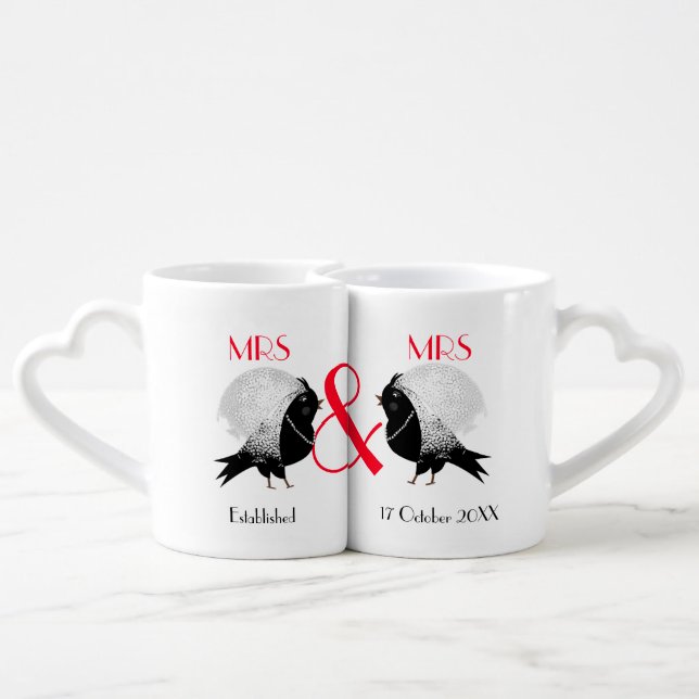 Lesbian Newlyweds Cute Love Birds Personalized Coffee Mug Set (Back Nesting)