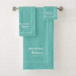Lesbian Newlyweds Mrs & Mrs Personalized Large Bat Bath Towel Set<br><div class="desc">Stylish Mrs and Mrs personalized towel set for the newlywed brides in light teal and white,  with editable script,  name and established wedding date</div>