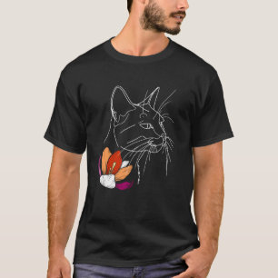 Lesbian Pride Cat with Floral Line Art LGBTQ Minim T-Shirt