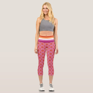 Lesbian pride flag / pink flower pattern capri leggings