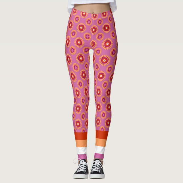 Lesbian pride flag / pink flower pattern leggings (Front)