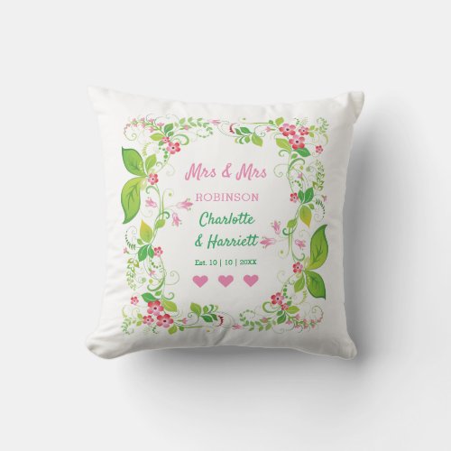 Lesbian Vintage Floral Personalized Wedding Throw Pillow