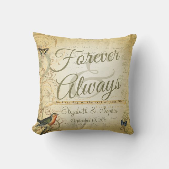 Lesbian Wedding Forever and Always Bird Butterfly Throw Pillow (Front)