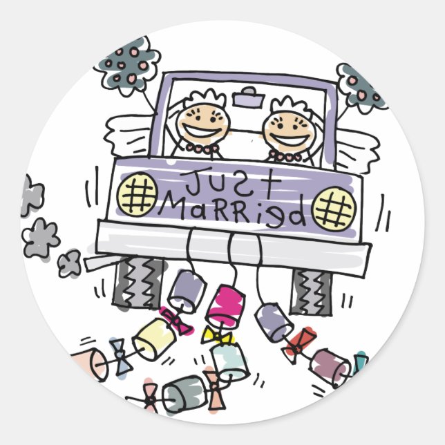Lesbian Wedding Just Married Classic Round Sticker (Front)