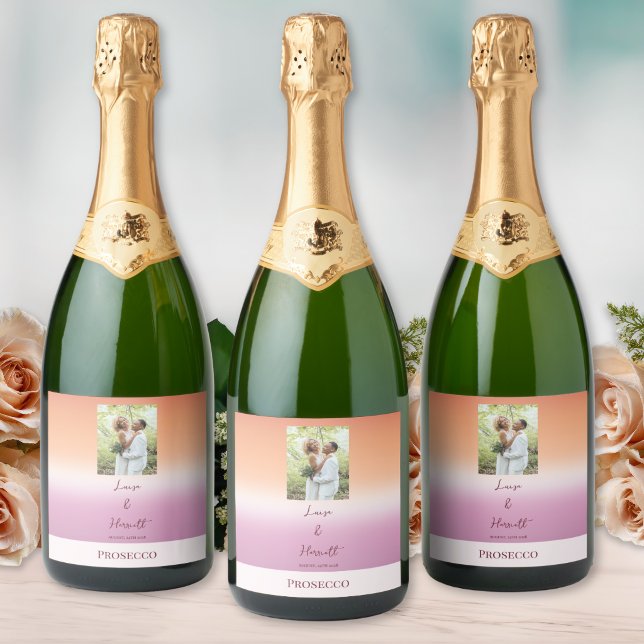 Lesbian Wedding Photo Pride Flag Gradient  Sparkling Wine Label (Creator Uploaded)