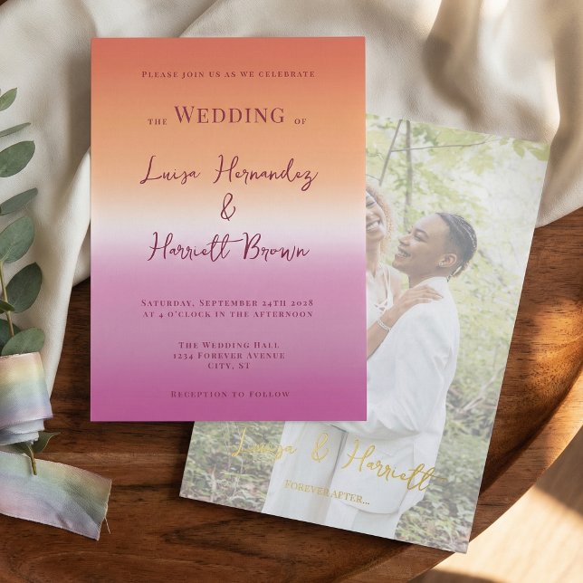 Lesbian Wedding Photo Pride Gradient Gold Foil Invitation (Creator Uploaded)