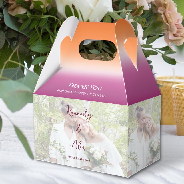 Lesbian Wedding Photo Pride Gradient Thank You Favor Boxes (Creator Uploaded)