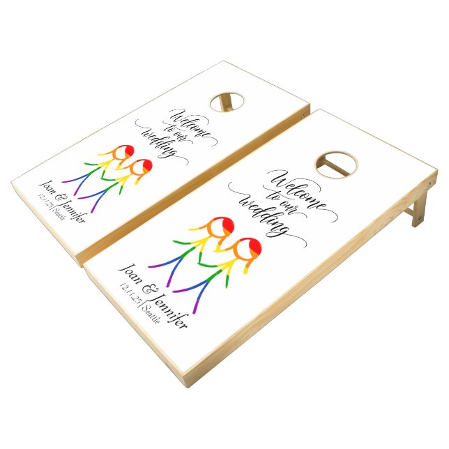 Lesbian Wedding Rainbow colors Cornhole Set (Angled)