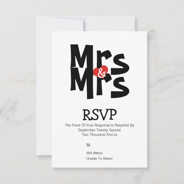 Lesbian Wedding RSVP Bold Mrs and Mrs Personalized Card (Front)
