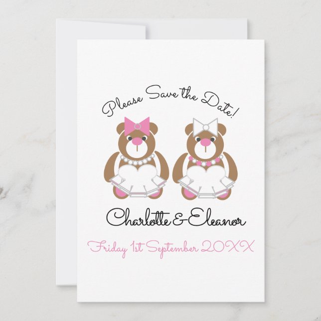 Lesbian Wedding Teddy Bear Brides Save The Date (Front)
