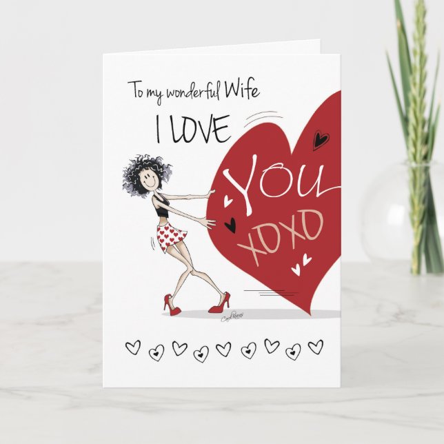 Lesbian, Wife Valentine, Quirky Girl & Huge Heart Holiday Card (Front)