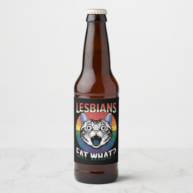 Lesbians Eat What Cat Humor LGBTQ Pride Flag  Beer Bottle Label (Front)