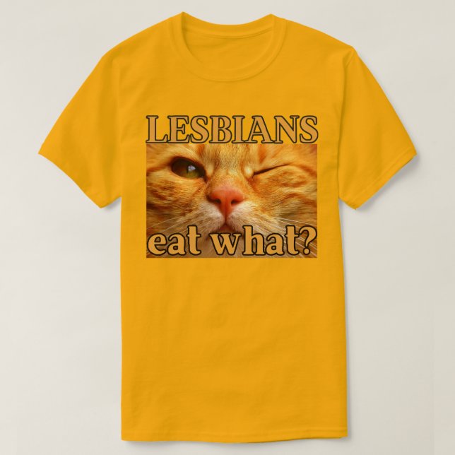 Lesbians Eat What? Funny Orange Cat  T-Shirt (Design Front)