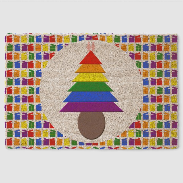 Lesbians Rainbow Christmas Tree and Presents Fiber Doormat (Front)