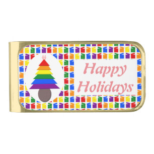 Lesbians Rainbow Christmas Tree and Presents Gold Finish Money Clip