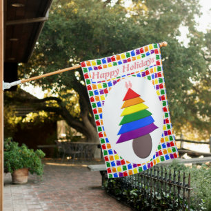 Lesbians Rainbow Christmas Tree and Presents House Flag