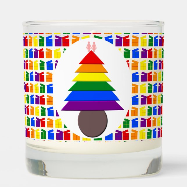 Lesbians Rainbow Christmas Tree and Presents Scented Candle (Front)