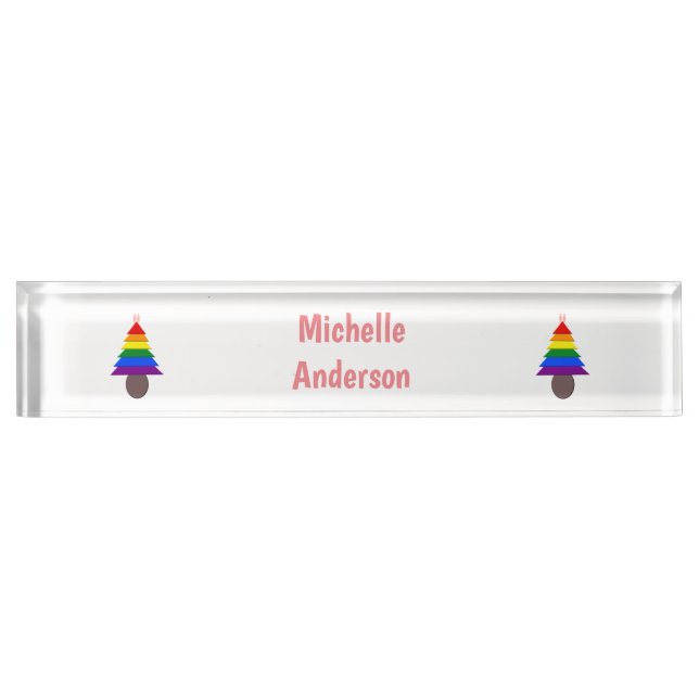Lesbians Rainbow Christmas Tree Custom Desk Name Plate (Front)