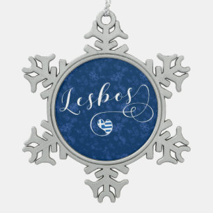 Lesbos, Greek Heart In Flag, Greece Snowflake Pewter Christmas Ornament