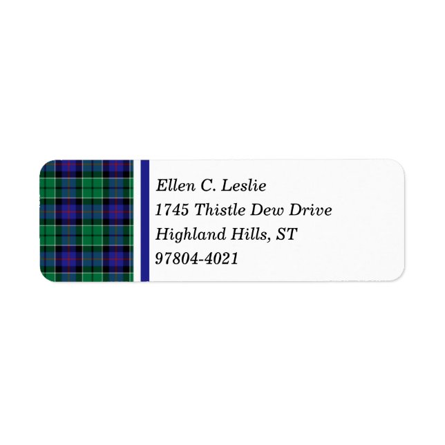 Leslie Clan Royal Blue and Green Scottish Tartan Label (Front)