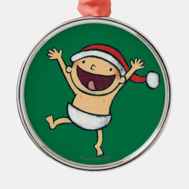 Leslie Patricelli's Baby Dancing In Santa Hat Metal Ornament (Front)