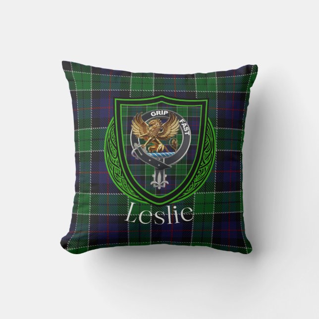 Leslie Scottish Clan Tartan & Crest Throw Pillow (Front)