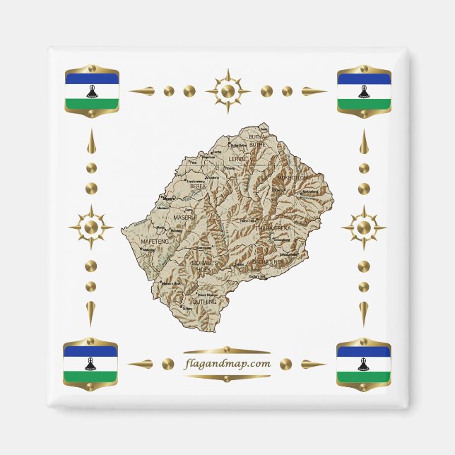 Lesotho Map + Flags Magnet (Front)