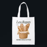 Less Regrets More Baguettes Funny French Bread Grocery Bag<br><div class="desc">This playful design features the phrase Less Regrets More Baguettes in a fun and bold style. Great for food lovers, bakery fans, or anyone embracing life with extra carbs and fewer worries. A perfect gift for brunch goers, French pastry fans, or travelers who believe in eating first and thinking later....</div>