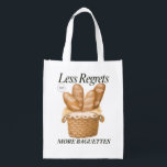Less Regrets More Baguettes Funny French Bread Grocery Bag<br><div class="desc">This playful design features the phrase Less Regrets More Baguettes in a fun and bold style. Great for food lovers, bakery fans, or anyone embracing life with extra carbs and fewer worries. A perfect gift for brunch goers, French pastry fans, or travelers who believe in eating first and thinking later....</div>