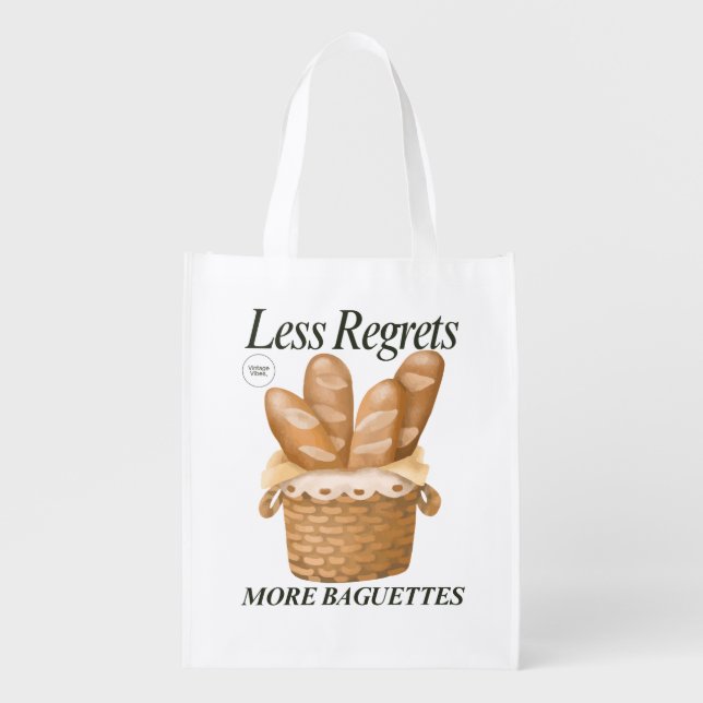 Less Regrets More Baguettes Funny French Bread Grocery Bag (Front)