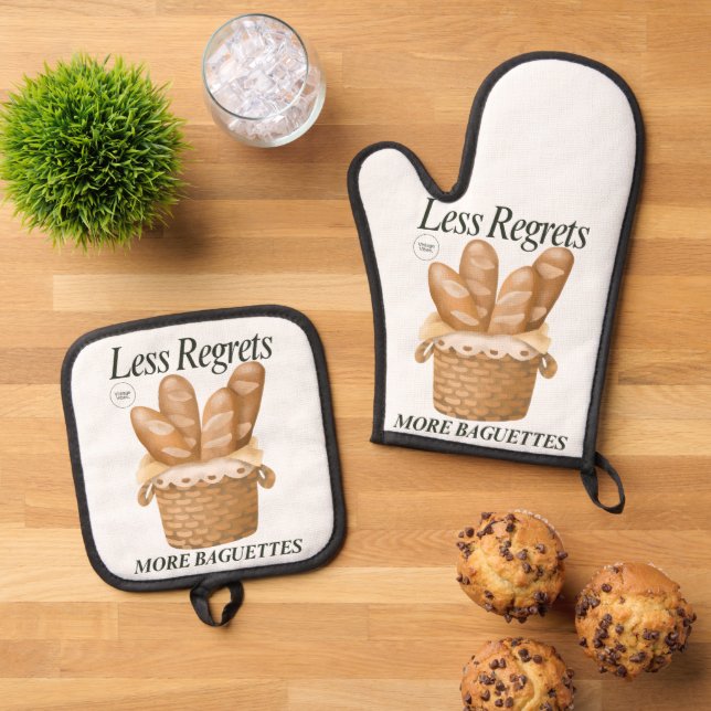 Less Regrets More Baguettes Funny French Bread Oven Mitt & Pot Holder Set (Top Down)