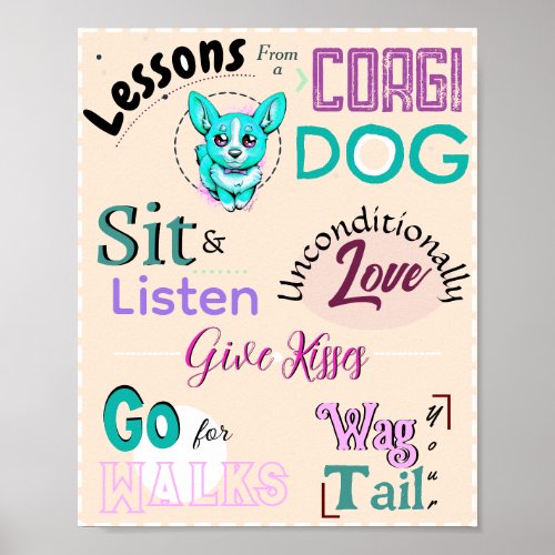 Lessons from a Corgi Dog Kawaii Blue Cartoon Pup Poster
