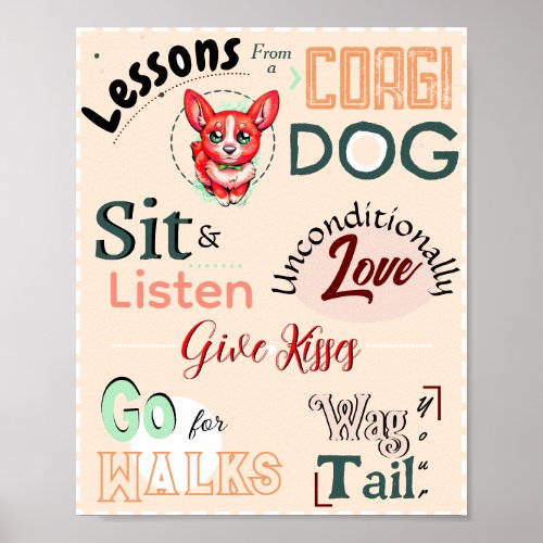 Lessons from a Corgi Dog Kawaii Red Cartoon Pup Poster