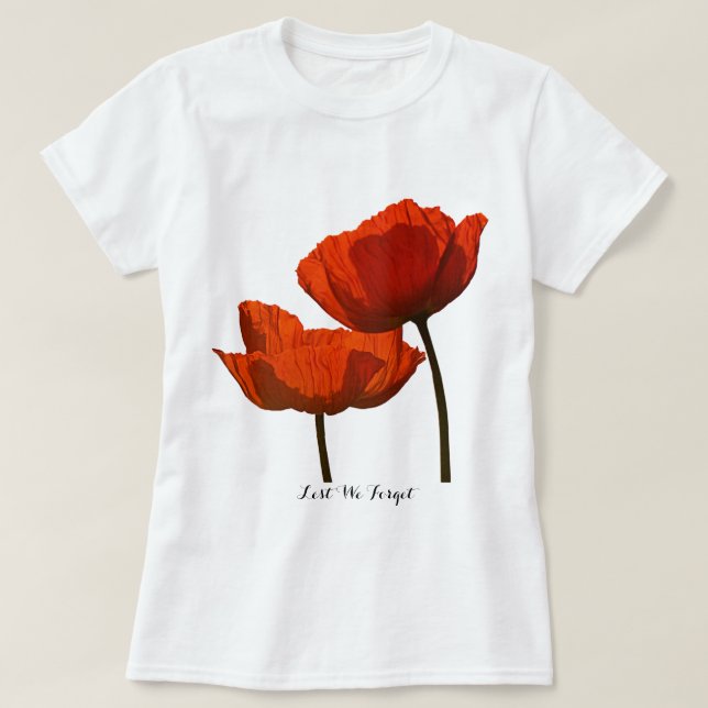 Lest We Forget Two Large Red Remembrance Poppies T-Shirt (Design Front)