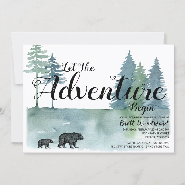 Let Adventure Begin Watercolor Bears Baby Shower Invitation (Front)