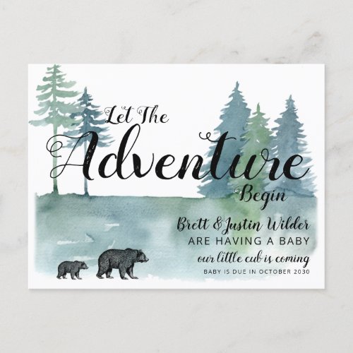 Let Adventure Begin Watercolor Bears Pregnancy Announcement Postcard