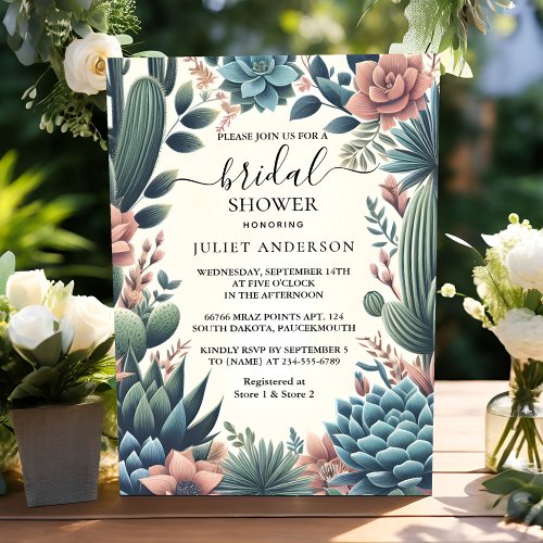 Let Boho Leaf Desert Cacti Succulent Bridal Shower Invitation