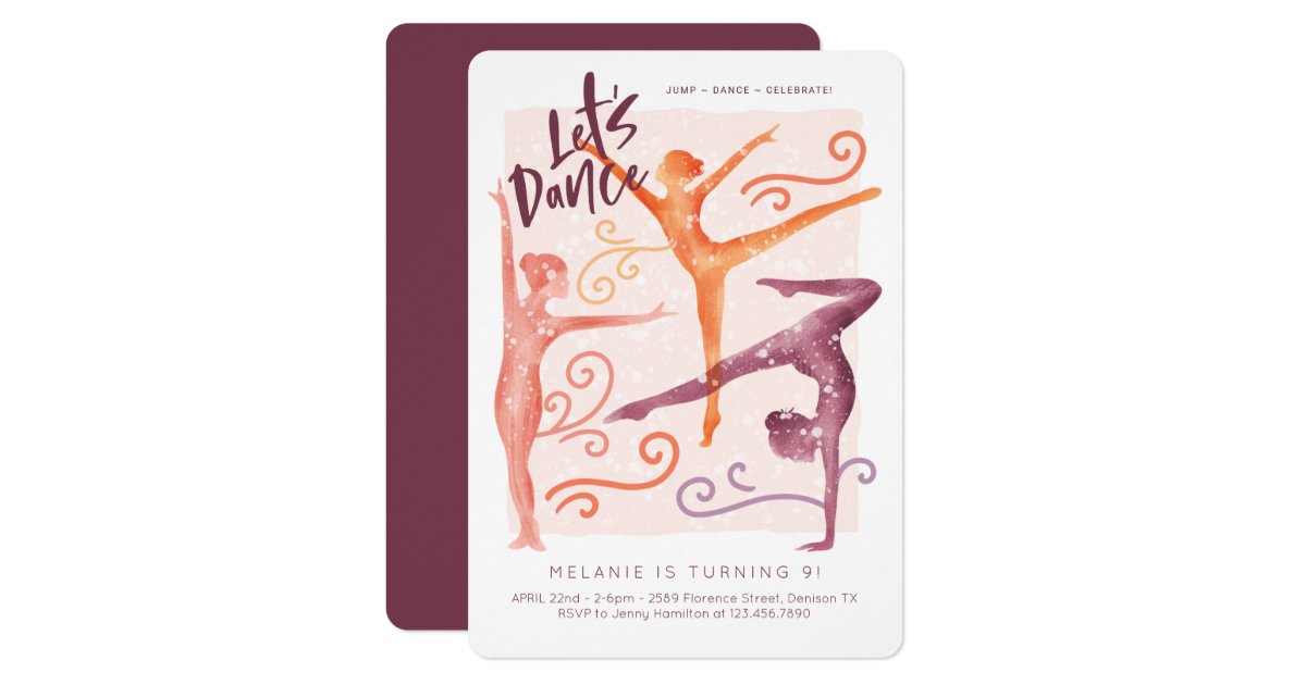 Let Dance Fun Whimsical Gymnastic Dance Birthday Invitation Zazzle Com