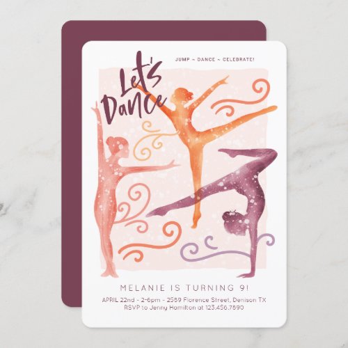 Let Dance Fun whimsical Gymnastic Dance Birthday Invitation