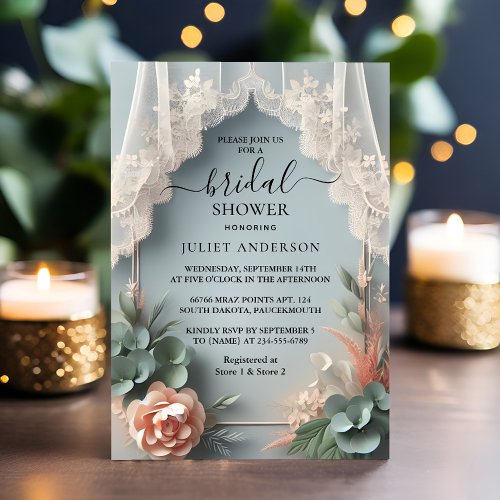 Let Eucalyptus Lace Tulle Dusty Blue Bridal Shower Invitation