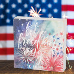 Let Freedom Ring | Fourth of July Fireworks Wooden Box Sign<br><div class="desc">Design features "Let Freedom Ring" in trendy script lettering on a watercolor fireworks background. Add a custom touch to your Fourth of July celebration this year with our festive and patriotic personalized décor. These also make a great housewarming gift for new homeowners. Independence Day get-togethers bring to mind a delicious...</div>