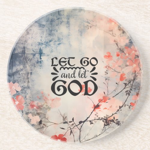 Let Go and Let God Coral Blue Floral Art Christian Coaster