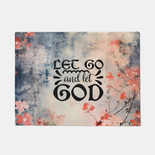 Let Go and Let God Coral Blue Floral Art Christian Doormat