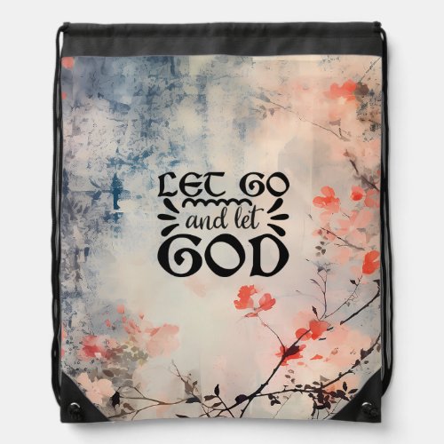Let Go and Let God Coral Blue Floral Art Christian Drawstring Bag