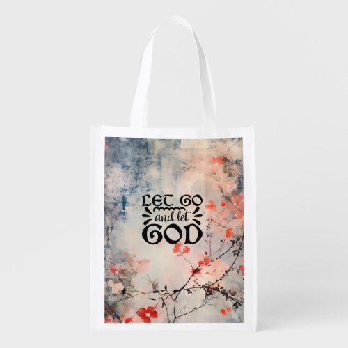 Let Go and Let God Coral Blue Floral Art Christian Grocery Bag